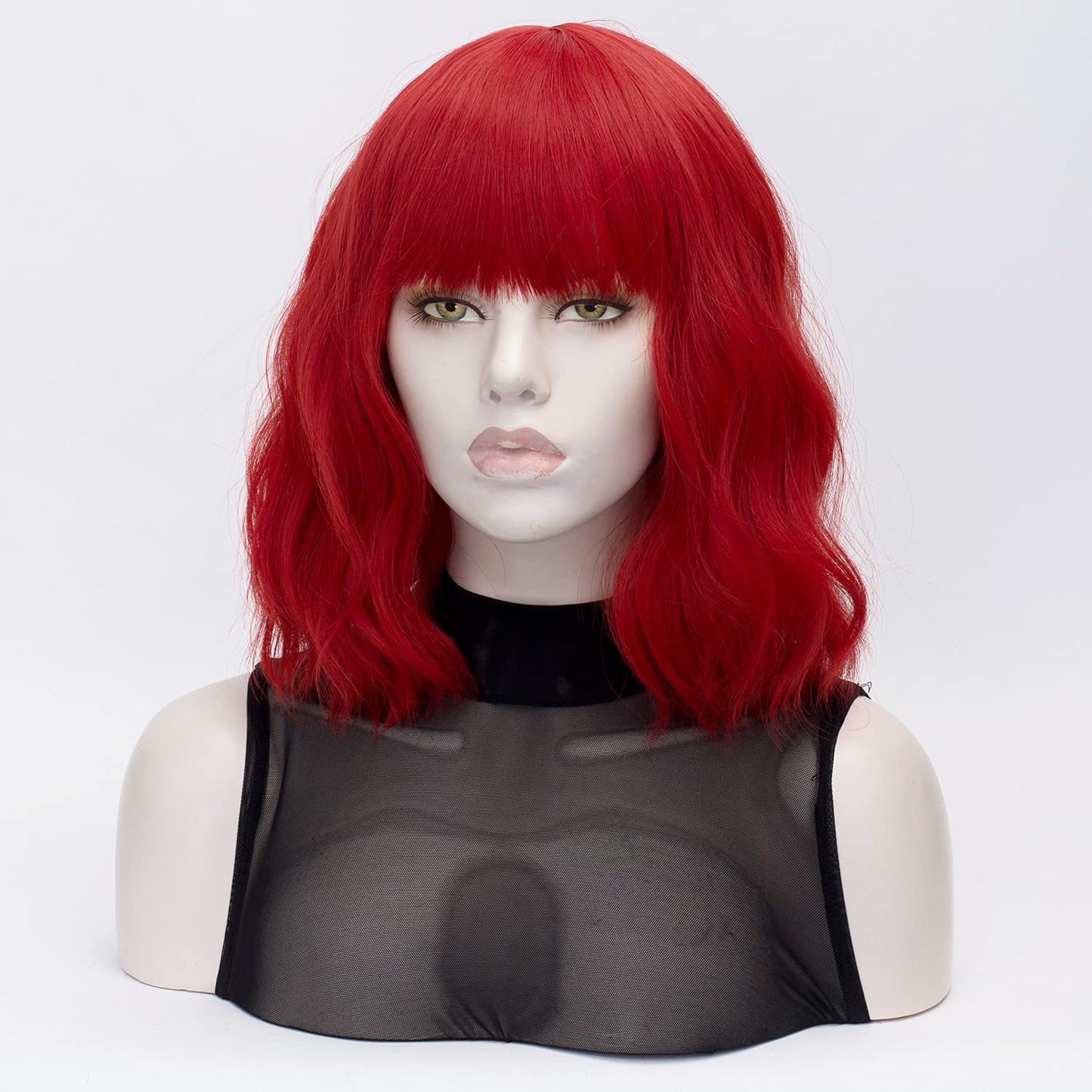 QACCF Short Wavy Shoulder Length Women Full Bang Heat Resistant Wig (Red)