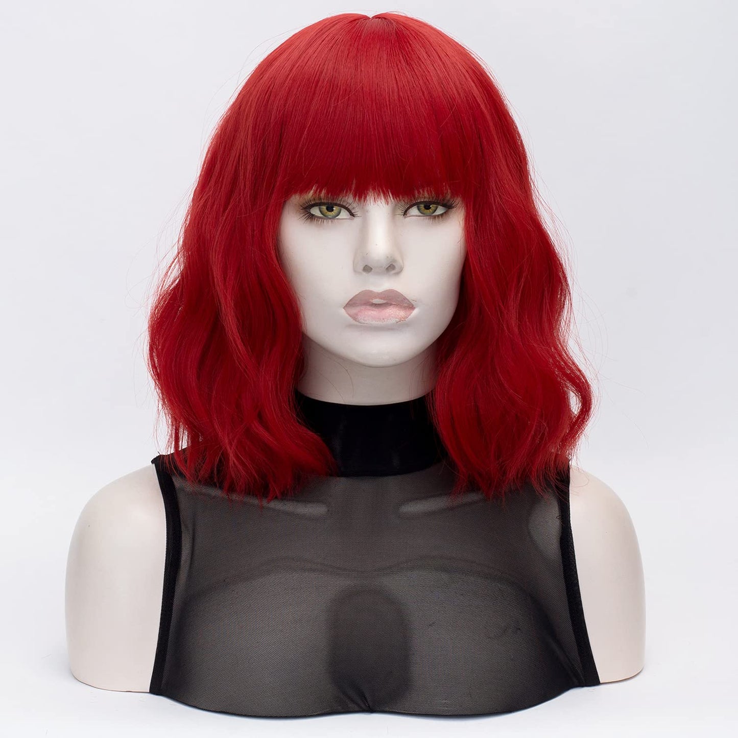 QACCF Short Wavy Shoulder Length Women Full Bang Heat Resistant Wig (Red)