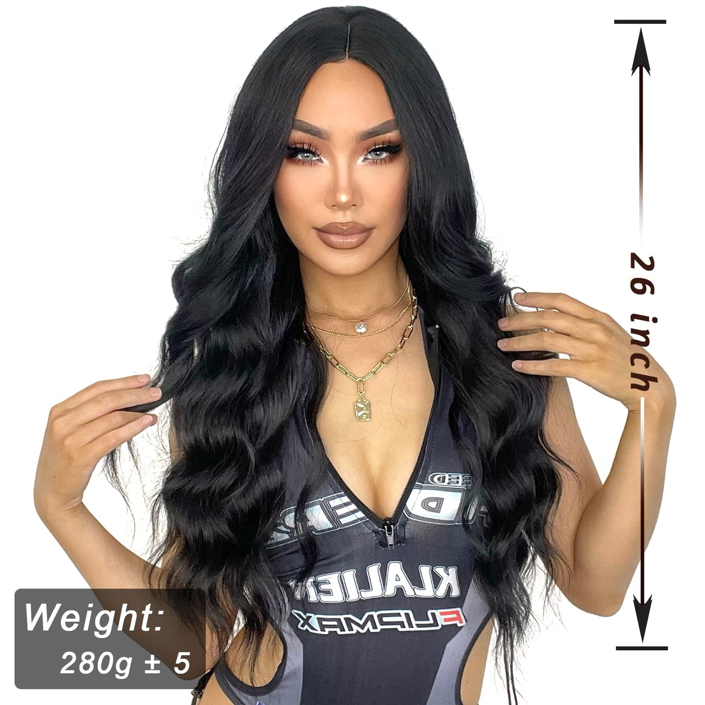 LINGHANG Long Black Wigs for Women 26 Inch Long Curly Wig Natural Looking Synthetic Heat Resistant Fiber Black Wavy Wig for Daily Party Use (Black)