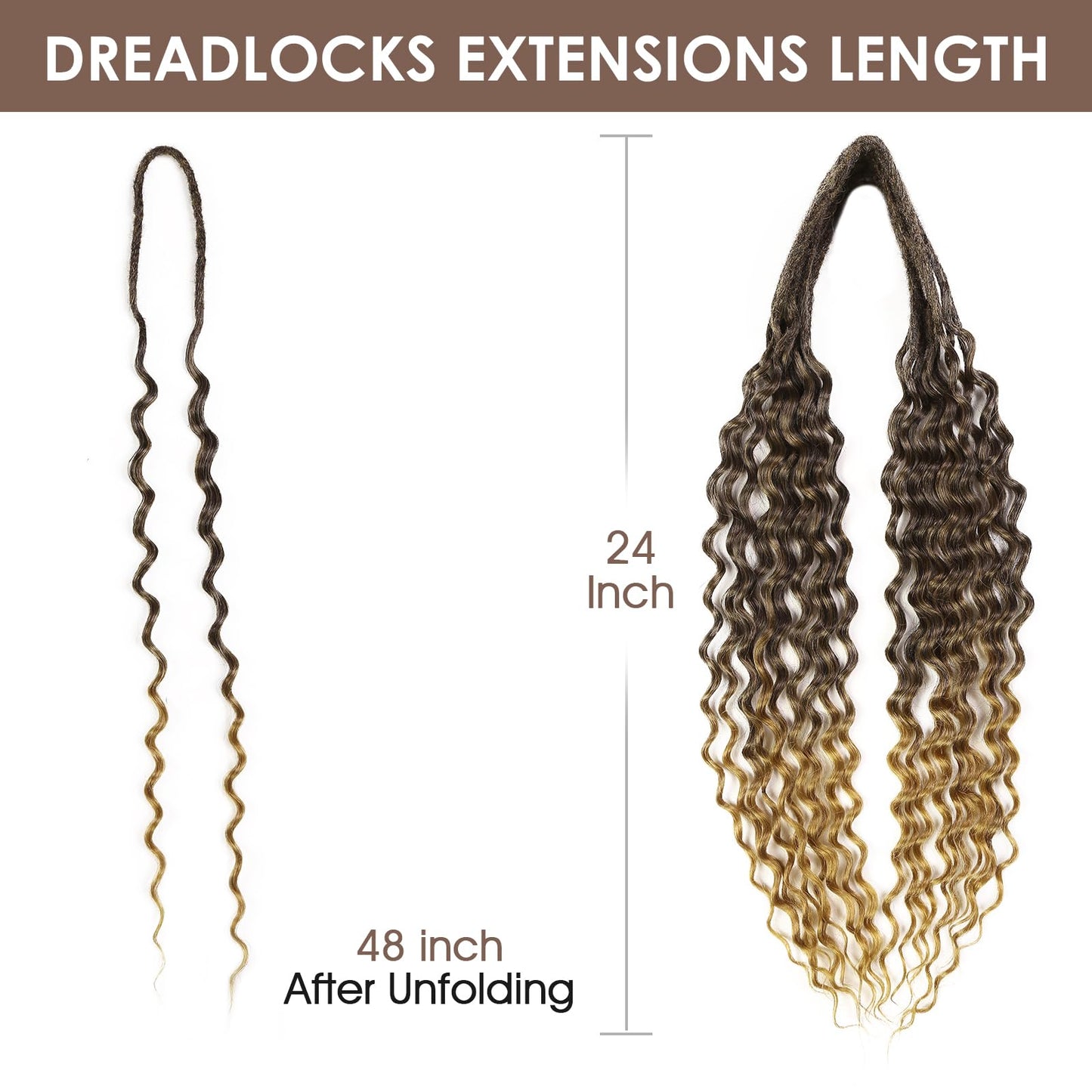 HANNE 24 Curly Double Ended Wavy Dreadlock Extensions for Women and Men 10 Strands Handmade Wools Hippie Style Locs Crochet Hair Extensions Ombre Brown Goddess DE Dreads Extensions (24 inch, MT1B/27)