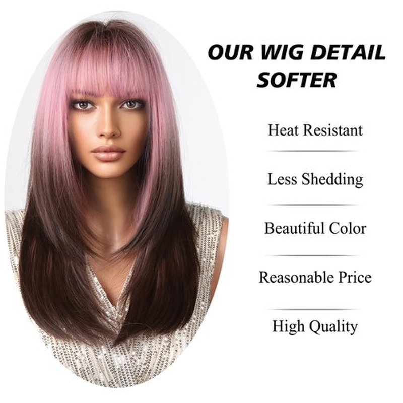 testar Ombre Pink Black Wigs For Black Women Long Pink Black Straight Wigs with Bangs Cosplay Colorful Wigs Synthetic Layered Hair Wigs For Daily Party/Halloween Use 24 Inch