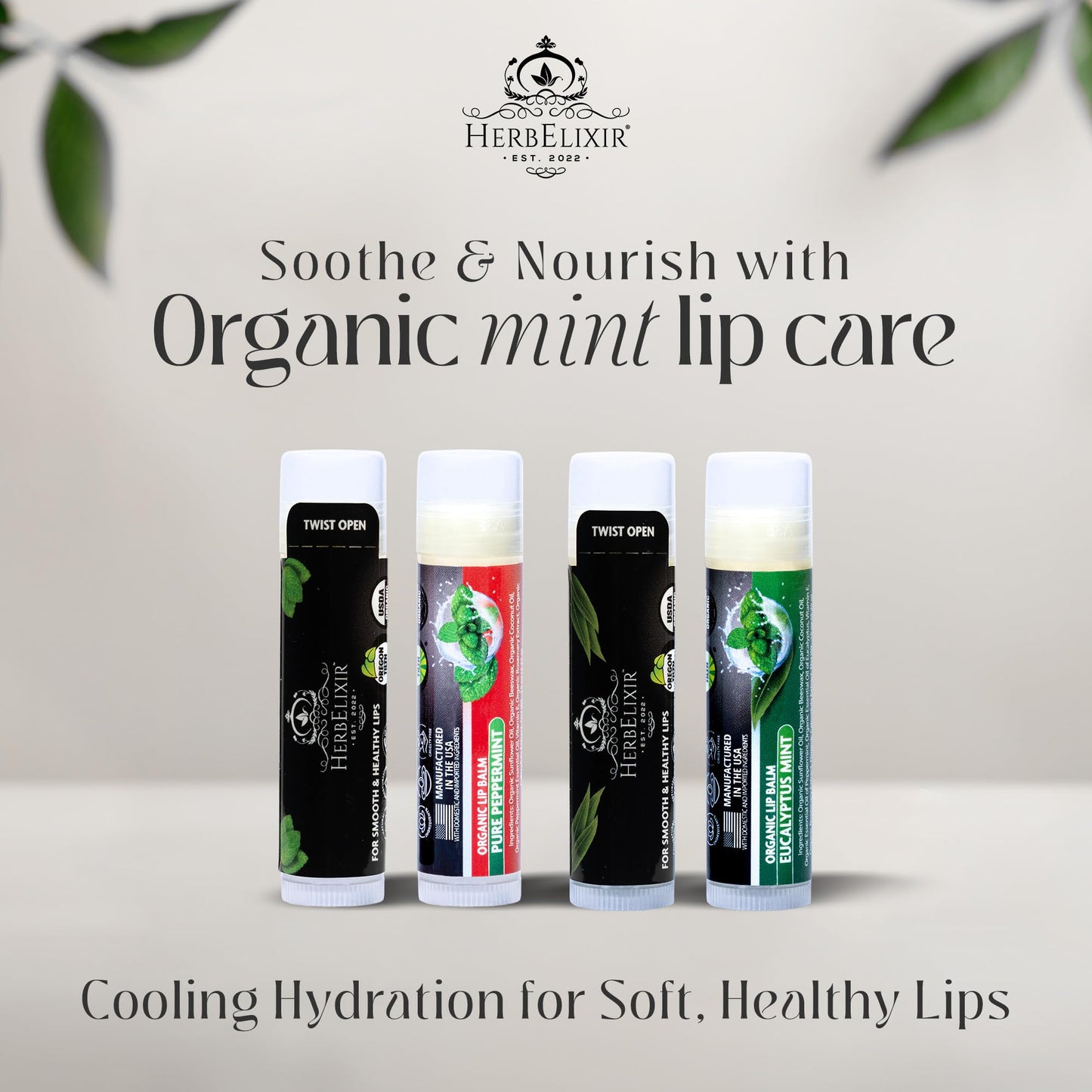 Organic Lip Balm Chapstick Bulk 3 Pack – Peppermint – Natural Beeswax Lip Balm – Moisturizer for Very Dry, Chapped Lips