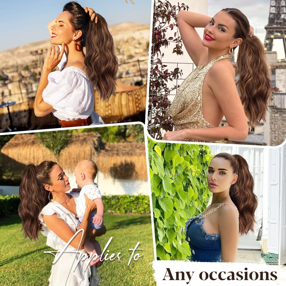 ALXNAN Ponytail Extension,16 Inch Claw Ponytail Hair Extensions for Women,Claw Clip in Long Wavy Synthetic Deep Brown with Dirty Blonde Ponytail Extension for Daily Use.