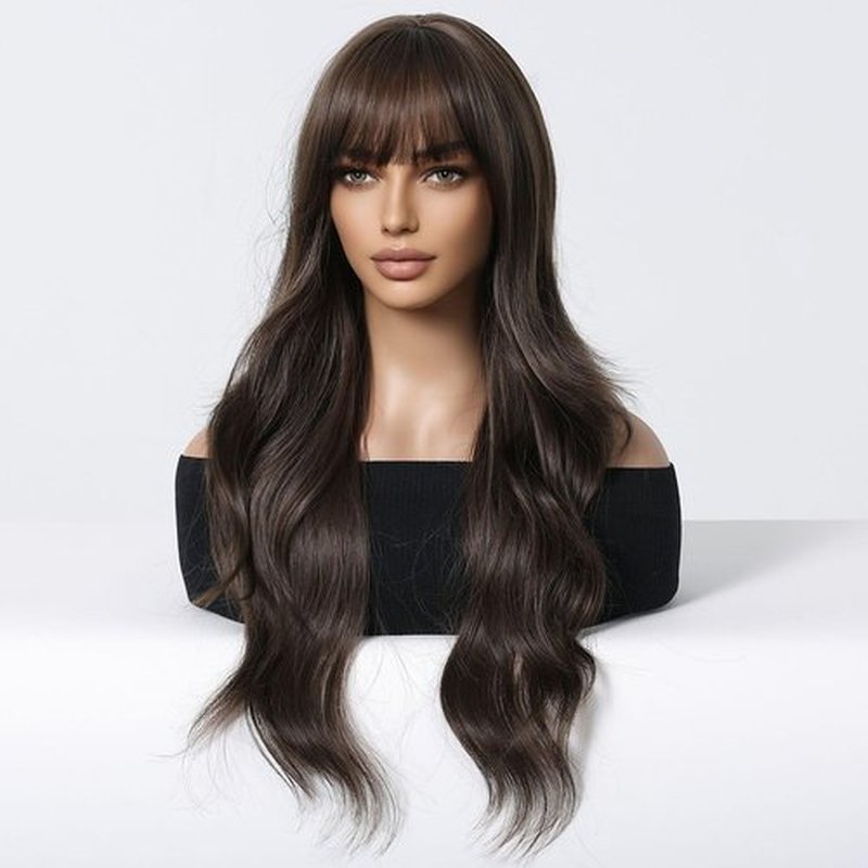 BERON 26 Inches Brown Wig Long Wavy Wig Brown Wig with Bangs Synthetic Wig Long Wig Brown Wigs for Daily Party with Wig Cap