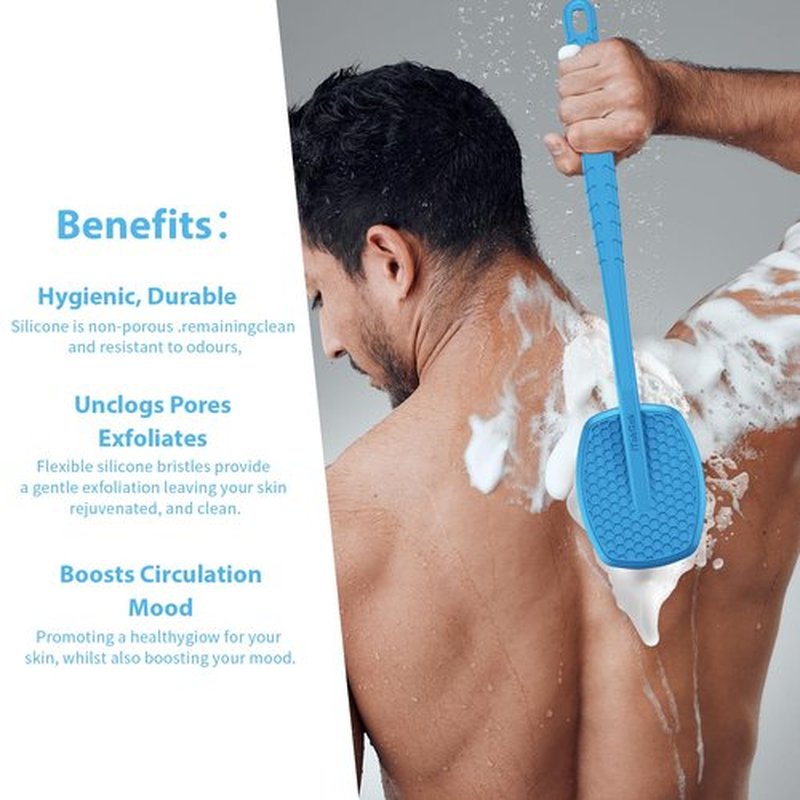iTokGoK® All New Premium Silicone Back Scrubber with Tire Anti-Slip Long Handle for Shower, Gentle Exfoliating and Massage Brush Scrubber for Sensitive Skin for Men and Women (Sky Blue)