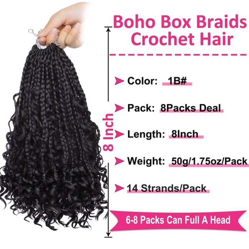 Unionbeauty 8 Packs Boho Box Braids Crochet Hair 8 Inch Bohemian Hippie Box Braids for Kids Goddess Box Braids Crochet Braids with Curly Ends Synthetic Braiding Hair Extension for Black Woman 1B#