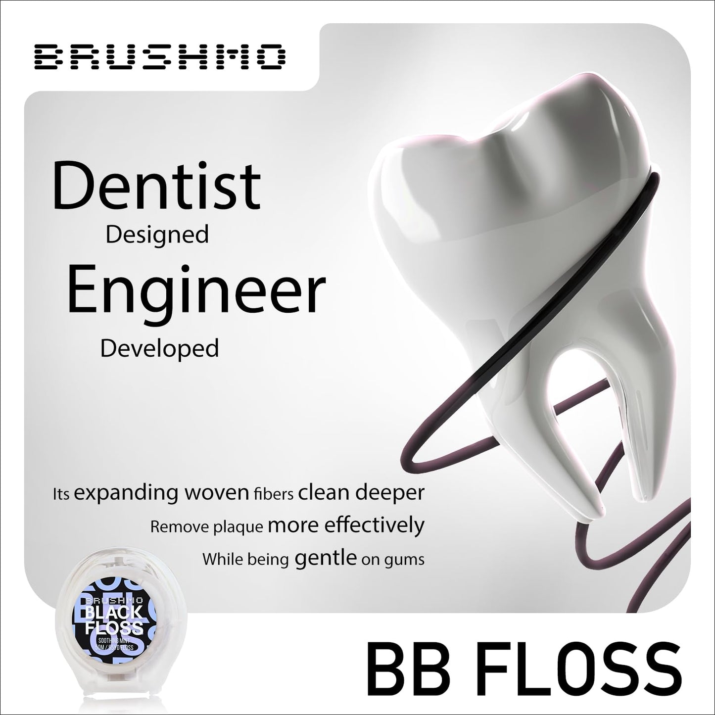 Brushmo Black Floss (BB Floss), US Dentist-Designed Oral Care, Stain-Absorbing, Woven Expanding Dental Floss with Natural Wax to Prevent Gum Disease, Non-Toxic PTFE & PFAS Free, 2 spools (110 yd)