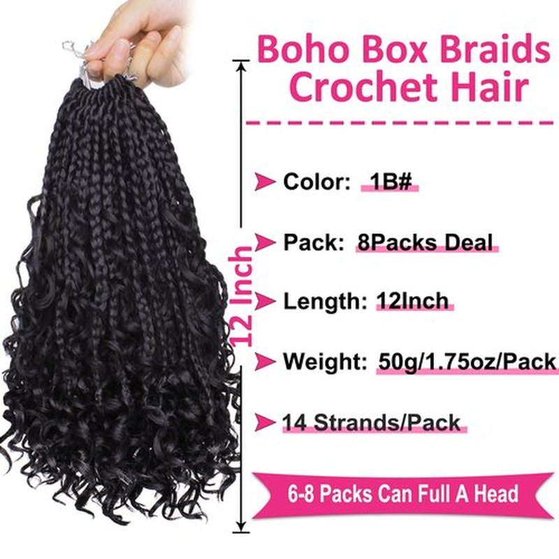 Unionbeauty 8 Packs Boho Box Braids Crochet Hair 12 Inch Goddess Box Braids Crochet Hair with Curly Ends Bohemian Hippie Box Braids Goddess Locs Synthetic Braiding Hair Extension for Black Woman 1B#