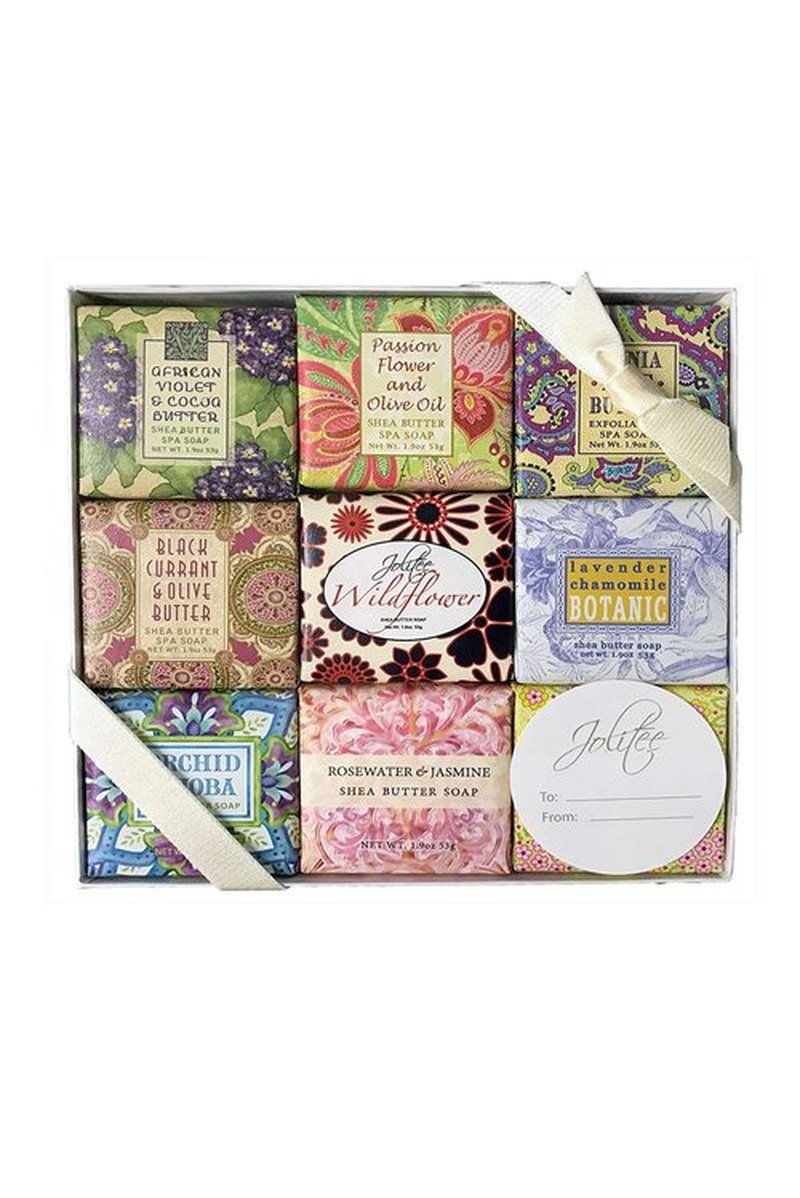 Jolitee French Milled Botanical Soap Sampler Set of Nine in Fabulous Scents, Individually Wrapped Vegetable Based Mini Soaps with Essential Oils, Shea Butter and Natural Extracts (Bulk Favor Set)
