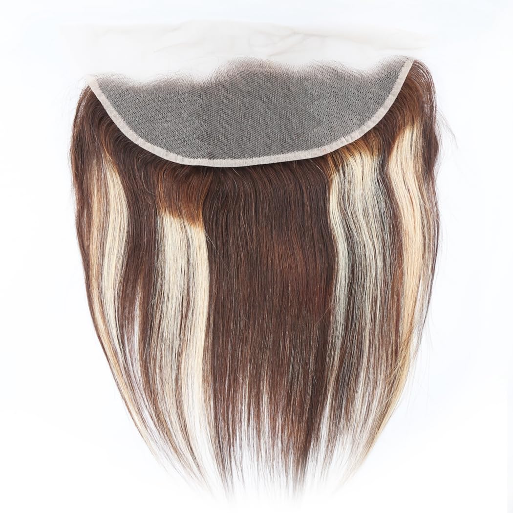 4/27 Highlight Straight Bundles with 13x4 Lace Frontal Brazilian Human Hair 3 Bundles with Frontal Ombre Blonde Colored 180% Density 12 14 16+10 Unprocessed Straight Virgin Hair Closure with Bundles
