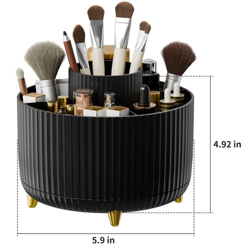 360° Rotating Makeup Brush Holder Organizer with Drawer, Cosmetic Makeup Organizers Countertop, Makeup organization and Skincare Storage for Vanity, Desktop, Bathroom(Makeup Organizer Drawer-Black)