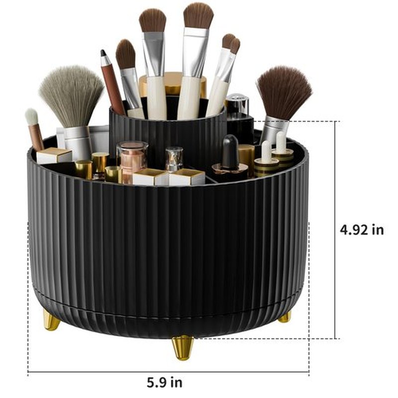 360° Rotating Makeup Brush Holder Organizer with Drawer, Cosmetic Makeup Organizers Countertop, Makeup organization and Skincare Storage for Vanity, Desktop, Bathroom(Makeup Organizer Drawer-Black)
