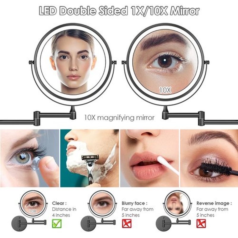 Rocollos Rechargeable Wall Mounted Lighted Makeup Mirror, 8 Inch Double-Sided LED Vanity Mirror 1X/10X Magnification,3 Color Lights Touch Screen Dimmable 360°Swivel (Black, 10X)
