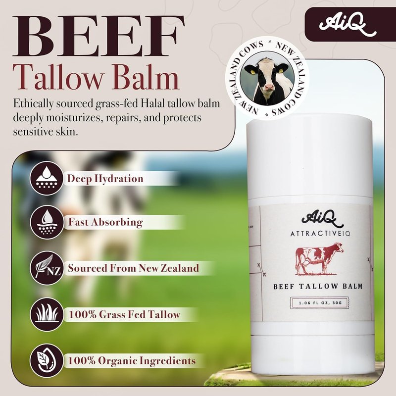 AttractiveIQ Beef Tallow for Skin – Grass-Fed Tallow Balm Stick Moisturizer with Raw Honey, Vitamin E & Olive Oil – Natural Face & Body Moisturizer for Dry, Sensitive Skin (1.06 oz)