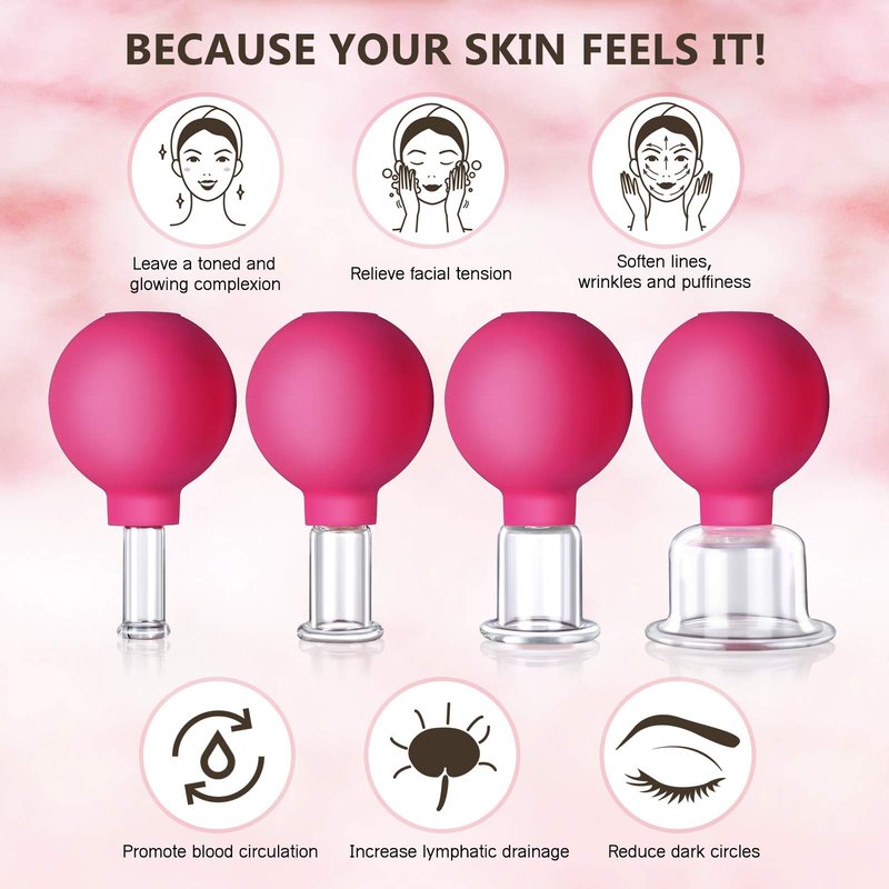 CFHBF 4 Size Facial Cupping Therapy Set Glass, Eye Face Vacuum Massage Anti Cellulite Cup - Silicone, for Beauty Body Cup Lymphatic Fascia Massager (Gift Box Packaging-red)