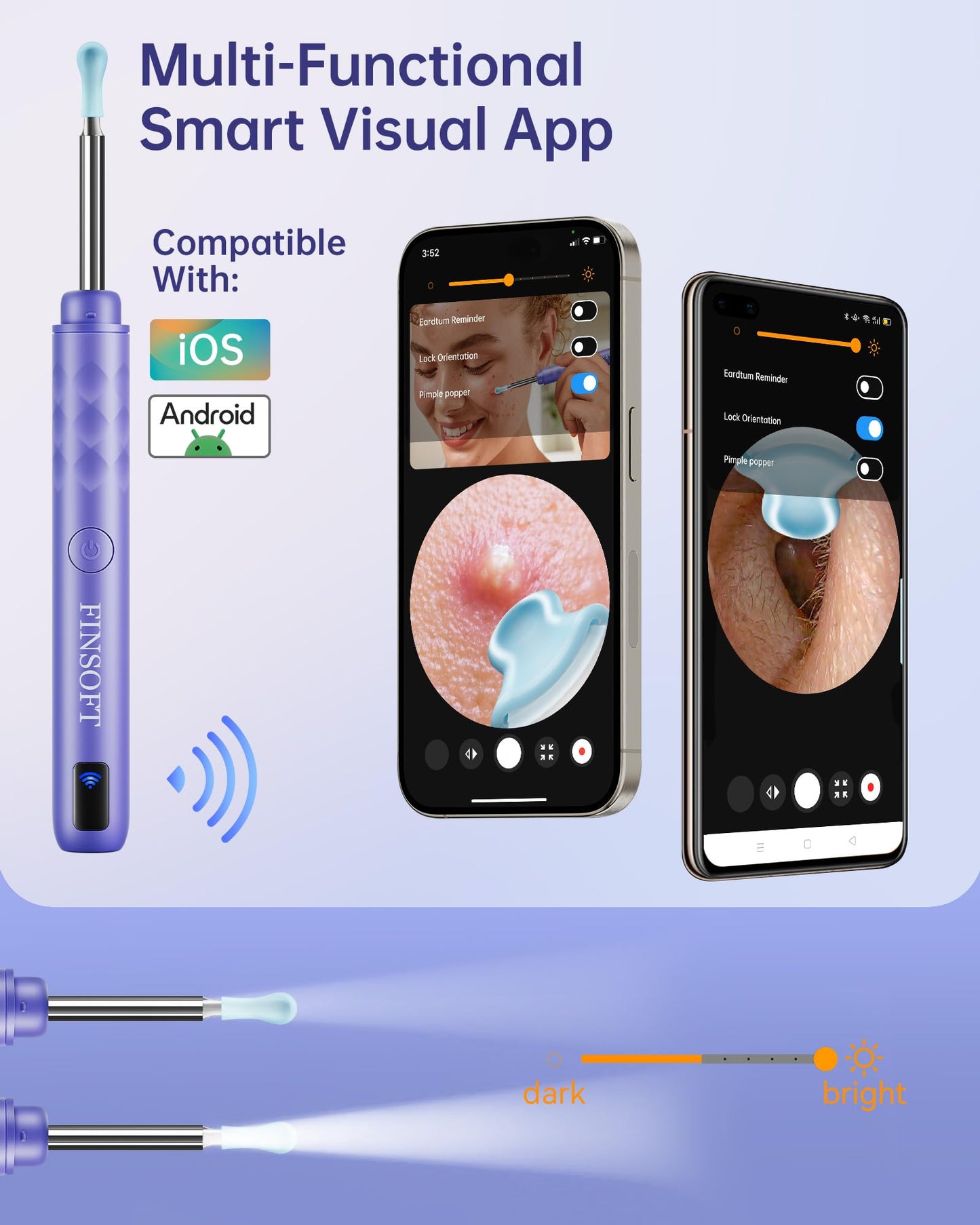 Ear Wax Removal Tool Camera, Ear Cleaner with Camera, Ear Wax Removal Cleaning Kit with 1296P HD Camera and 6 LED Lights, Earwax Removal Kit with 10 Ear Pick for iOS and Android, Lavender
