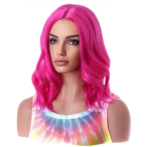 BERON Pink Womens Wig Short Curly Wavy Bob Hair Wig for Girls Side Part Hot Pink Heat Resistant Synthetic Wigs for Party Cosplay or Daily Used Wig