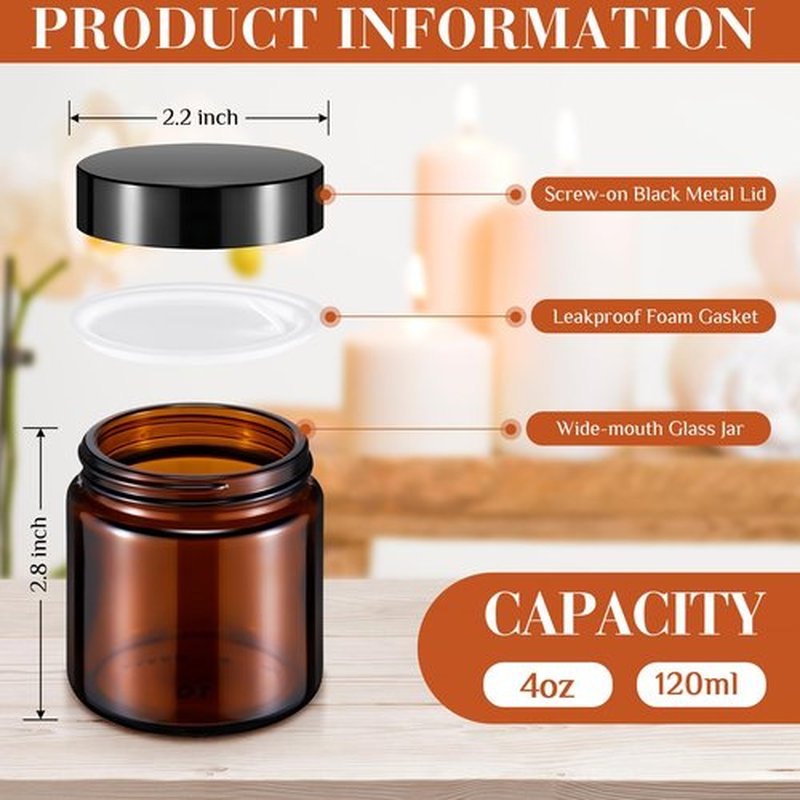 Norme 24 Pcs 4 oz Glass Jars with Lids Leakproof Round Airtight Jars Empty Cosmetic Jars with Inner Liners Lid for Storing Lotions Powder Ointments Candle Making (Black,Amber and Clear)