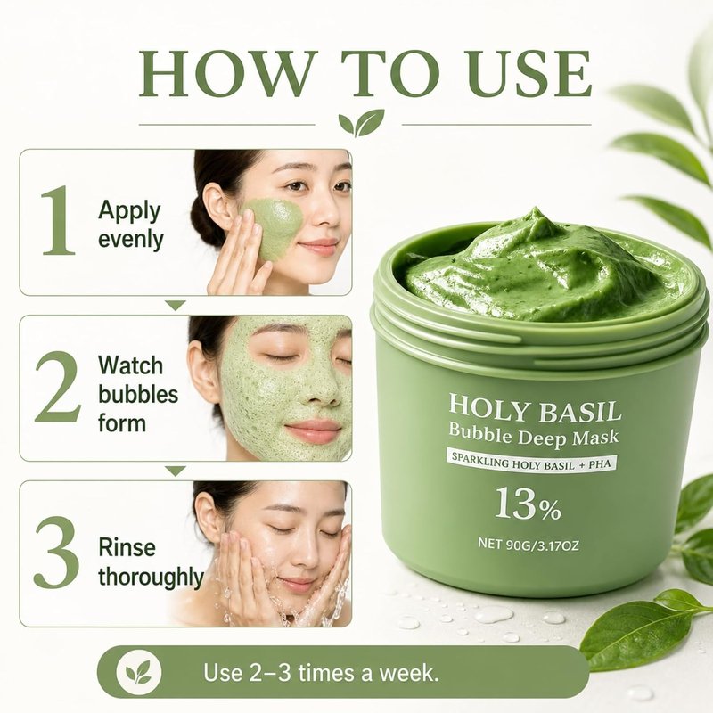 Holy Basil Bubble Deep Mask - Clay-to-Foam Facial Mask with PHA & Extract | Gentle Cleansing & Hydrating 90g (Green)
