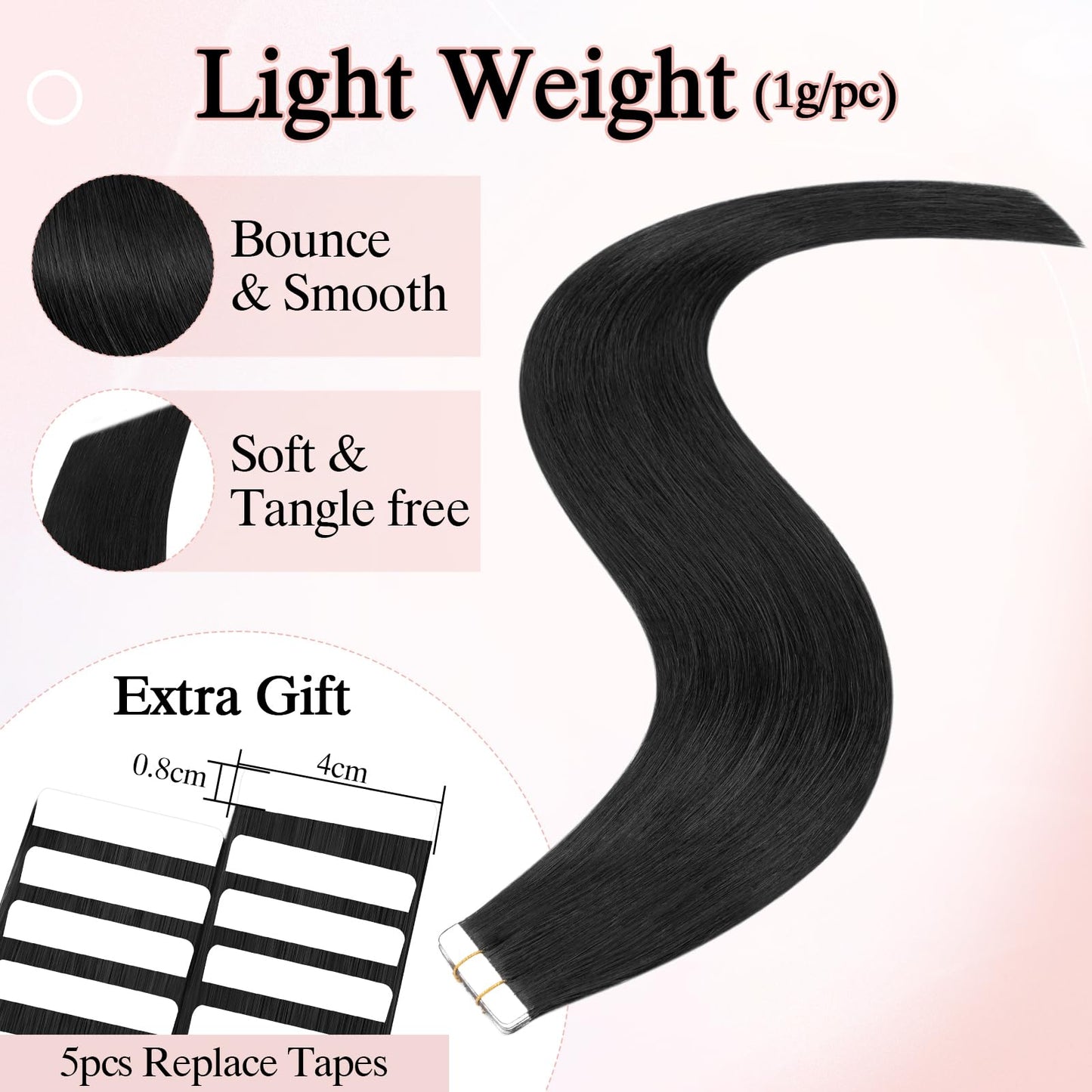 SEGO Pro 10pcs Tape in Hair Extensions Human Hair Long Straight Tape in Hair Extensions Real Human Hair Seamless Invisible Tape in Hair Extensions,16inch Jet Black,15g