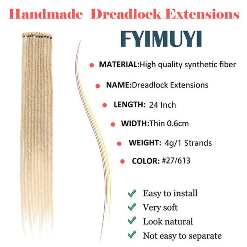 Dreadlock Extensions 20 Strands 24inch Light Brown to Blonde Soft Hippie Dreads 0.6cm Width Synthetic Loc Extensions Handmade Reggae Style Crochet Braiding Hair #MT27/613