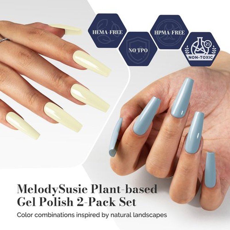 MelodySusie Fleurwee Plant-based Gel Nail Polish, 2 Pcs Gray Blue & Pale Yellow Gel Polish Hema Free 21 Non-Toxic Long Lasting Nail Polish Spring Nail Art Salon DIY Manicure at Home Gift for Women