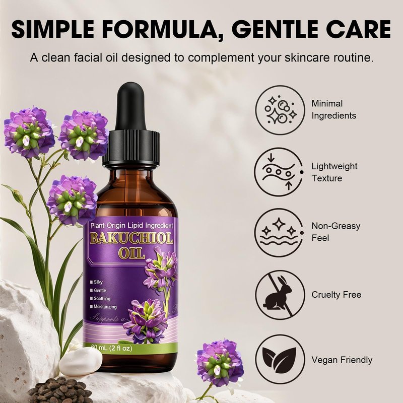Bakuchiol Face Oil, Plant-Based Retinol Alternative Facial Oil with Jojoba Oil & Vitamin E, Lightweight Moisturizing Oil for Dry & Sensitive Skin, Night Care, 2 fl oz
