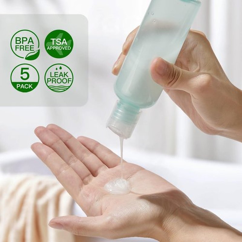 owlyee 3.4 oz Travel Bottles for Toiletries, Empty Travel Size Containers Tsa Approved, 5PCS Small Plastic Shampoo Bottles with Labels (100ml)