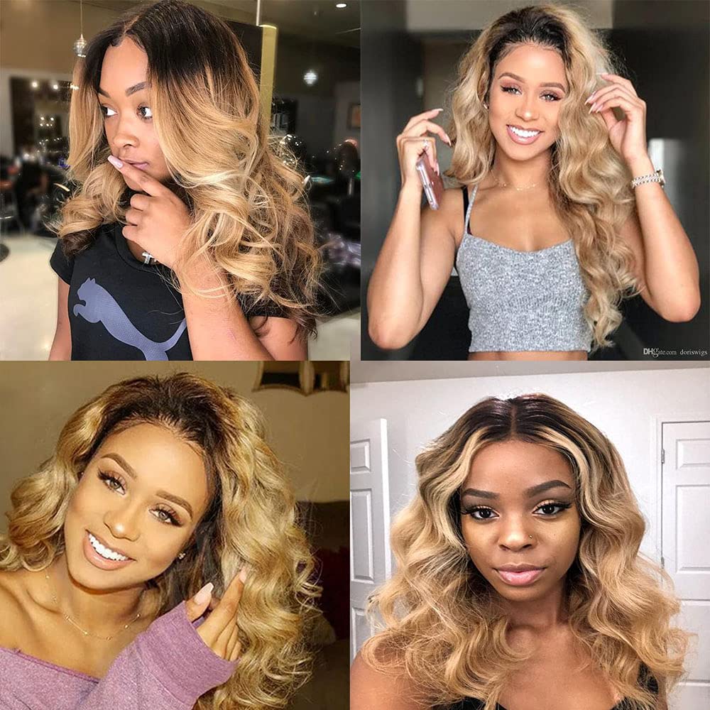 1B/27 Human Hair Bundles Ombre Body Wave Human Hair Bundles Brazilian Unprocessed Virgin Hair 3 Bundles 16 18 20 Inch Two Tone Black and Honey Blonde Bundles Ombre Bundles Hair Weave