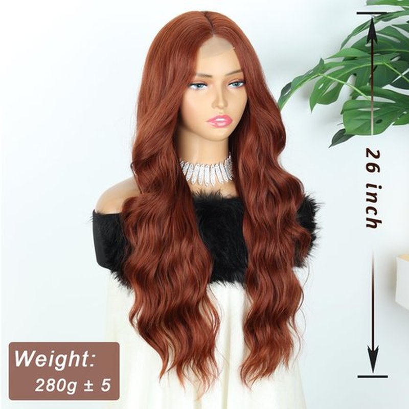 LINGHANG Long Auburn Wavy Wigs for Women 26 Inch Long Copper Red Middle Part Copper Curly Wavy Wig Natural Looking Synthetic Auburn Long Wig for Daily Party Use (Auburn)