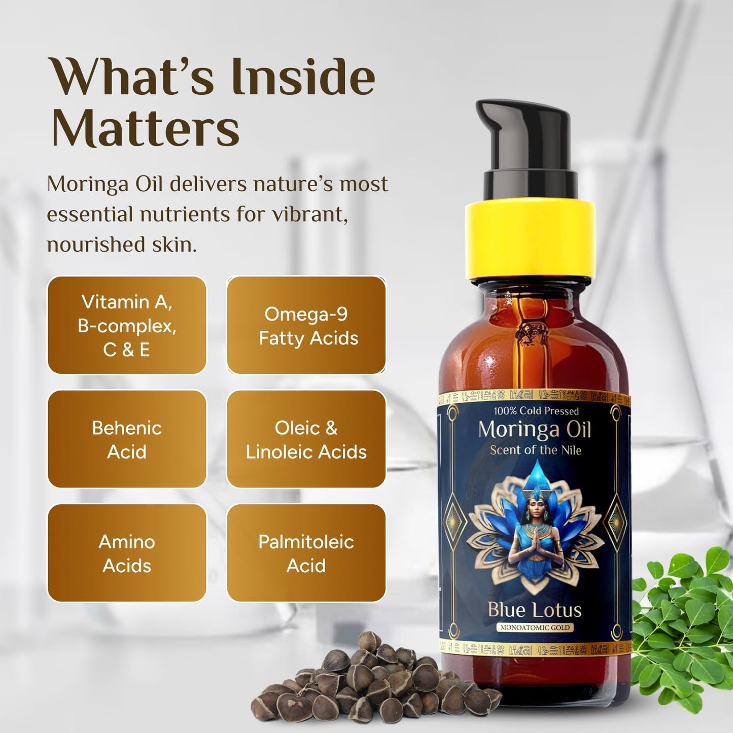 Pure Organic Moringa Oil with Blue Lotus Flower | Deep Hydrating & Anti-Aging Ritual Oil for Skin, Hair & Nails | Premium 100% Cold Pressed Luxury Moringa, Nourishes & Hydrates Skin 1oz.