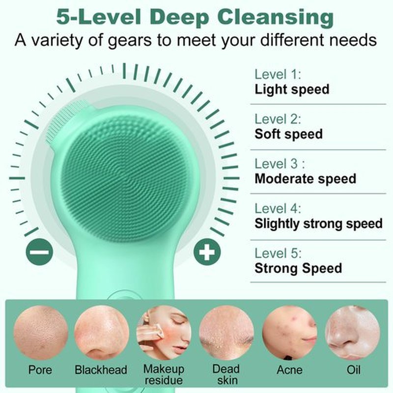 Facial Cleansing Brush, Silicone Electric Face Scrubber Waterproof Sonic Vibration Face Cleanser Brush for Men Women, Rechargeable Face Brushes with Nose Scrub Brush Exfoliating Massaging(Green)