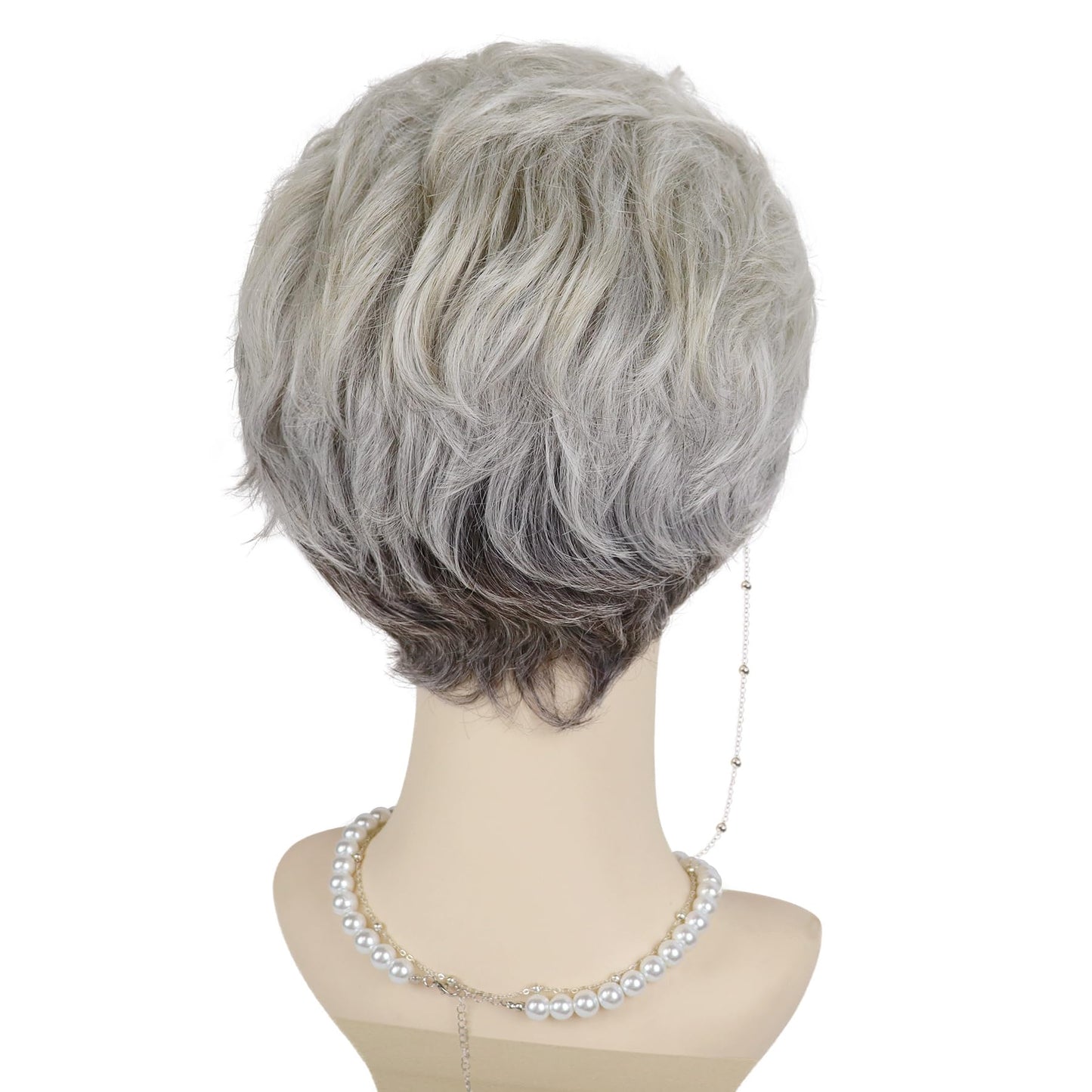 GNIMEGIL Old Lady Wig Set Synthetic Hair Ombre Grey Grandma Wig for 100 Days of School Mommy Costume Granny Outfits White Women Short Curly Wig with Glasses, Necklace & Chain for Older Ladies