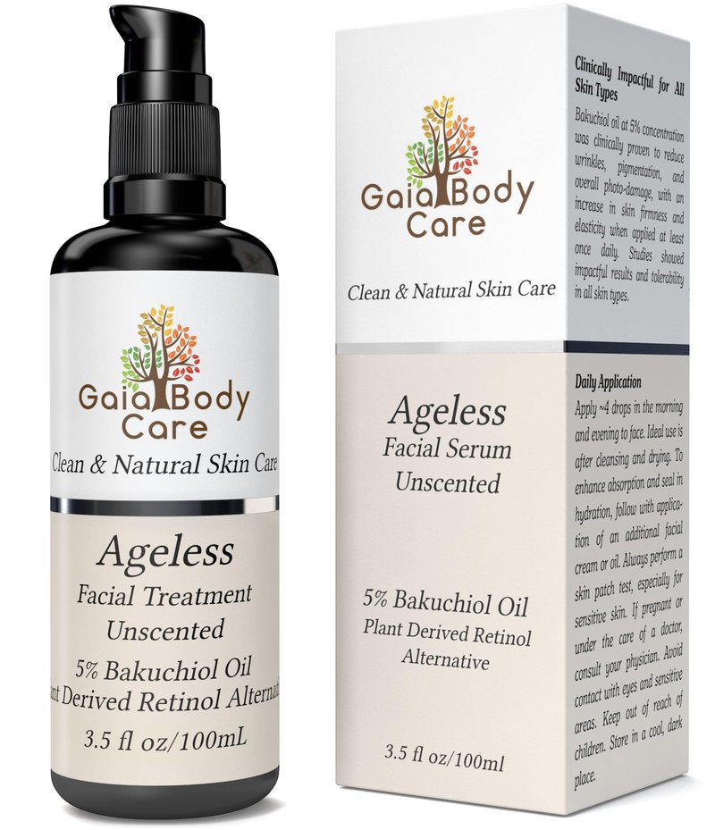 Gaia Body Care 5% Bakuchiol Oil Organic - Anti Aging, Anti Wrinkle, Reduces Fine Lines, Smooths Skin, Hydrates - Botanical Vegan - Natural Retinol Alternative Facial Oil (3.5oz, Unscented)