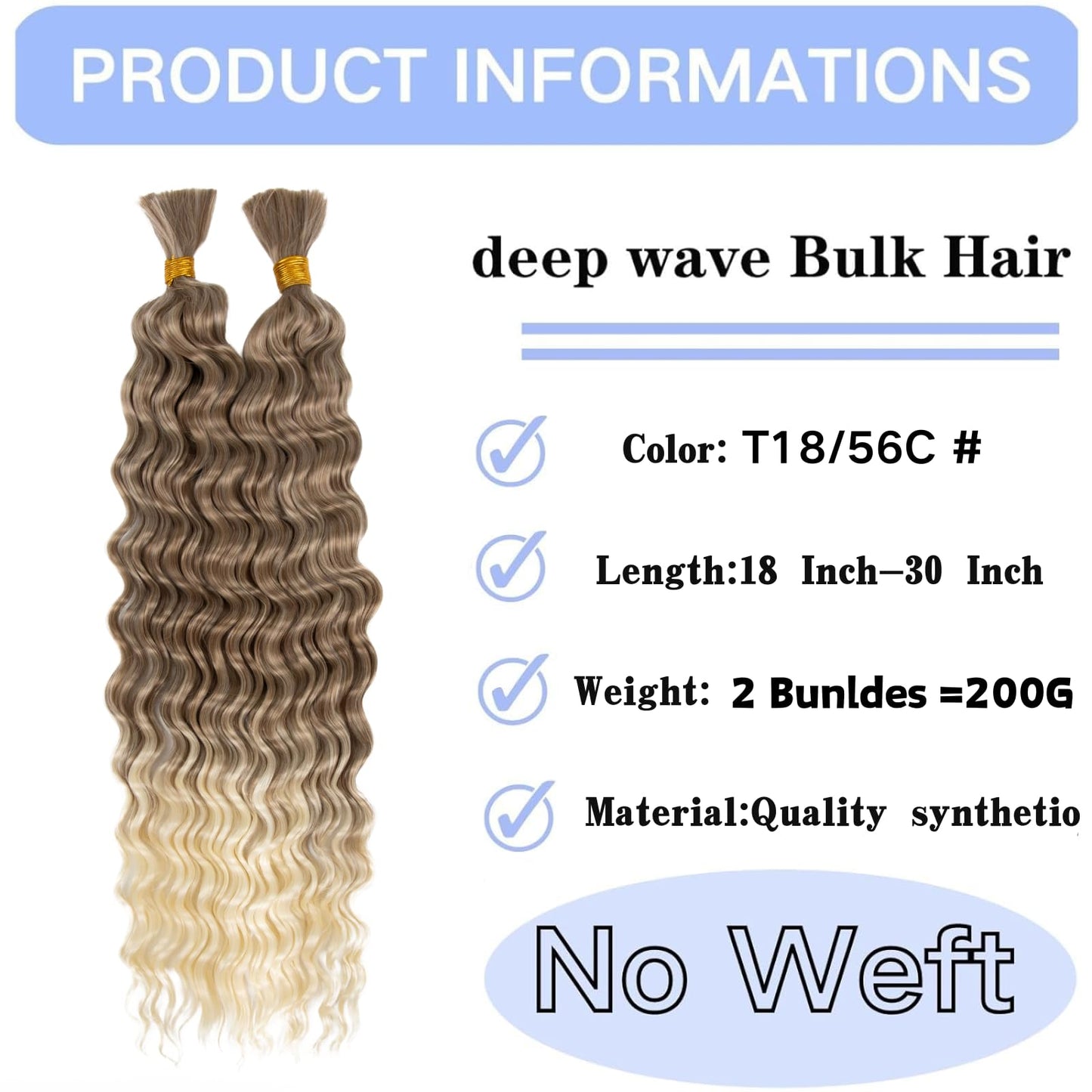 Deep Bulk Hair For Braiding Hair 20inch Wet And Wavy Deep Wave Bulk Hair Quality Synthetic Micro Braiding Hair Extensions for Boho Braids No Weft (2Pack 200g, T18/56C)