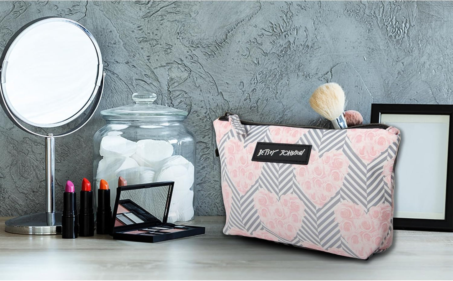 Betsey Johnson 8.5 Inch Zipper Cosmetic Pouch Small Toiletry Bag–Lightweight Durable Polyester Organizer with Inner Zipped Pocket Good For Makeup Accessories and Travel Needs (Covered Rose)