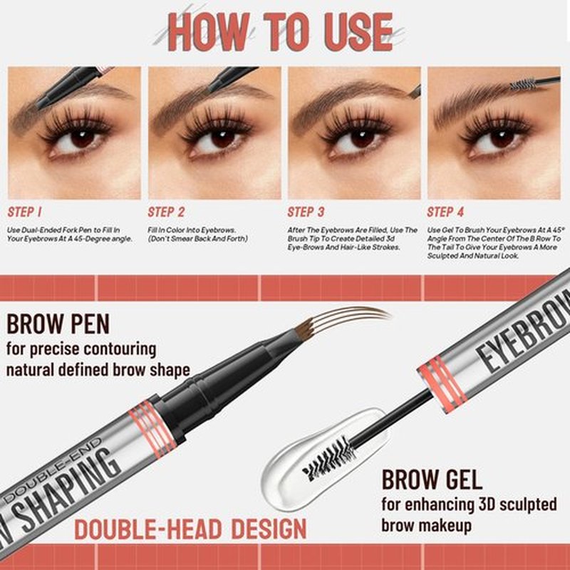 Microblading Eyebrow Pen, Eyebrow Pencil with 4-Fork Tip & Shaping Brow Gel, Waterproof 2-in-1 Dual-Ended Eye Brow Pencils for Women & Brow Glue Makeup Kit for Natural-Looking Brows Makeup,Grey