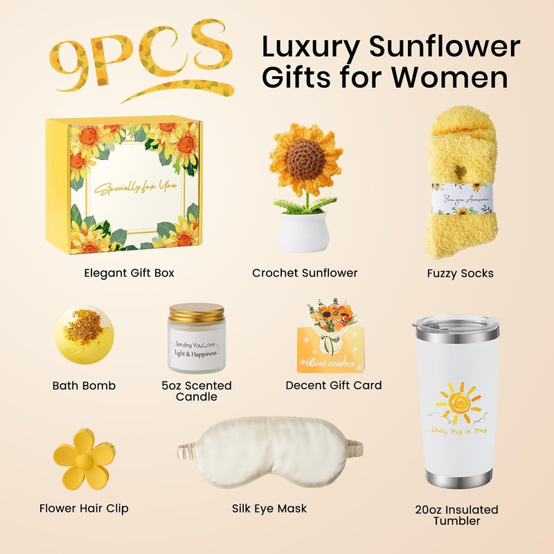 Sunflower Birthday Gifts for Women, 9 Pcs Get Well Soon Gift Baskets, Inspirational Sunflower Self Care Package Thank You Gift with Spa Gift Set, Thinking of You Unique Gifts for Women