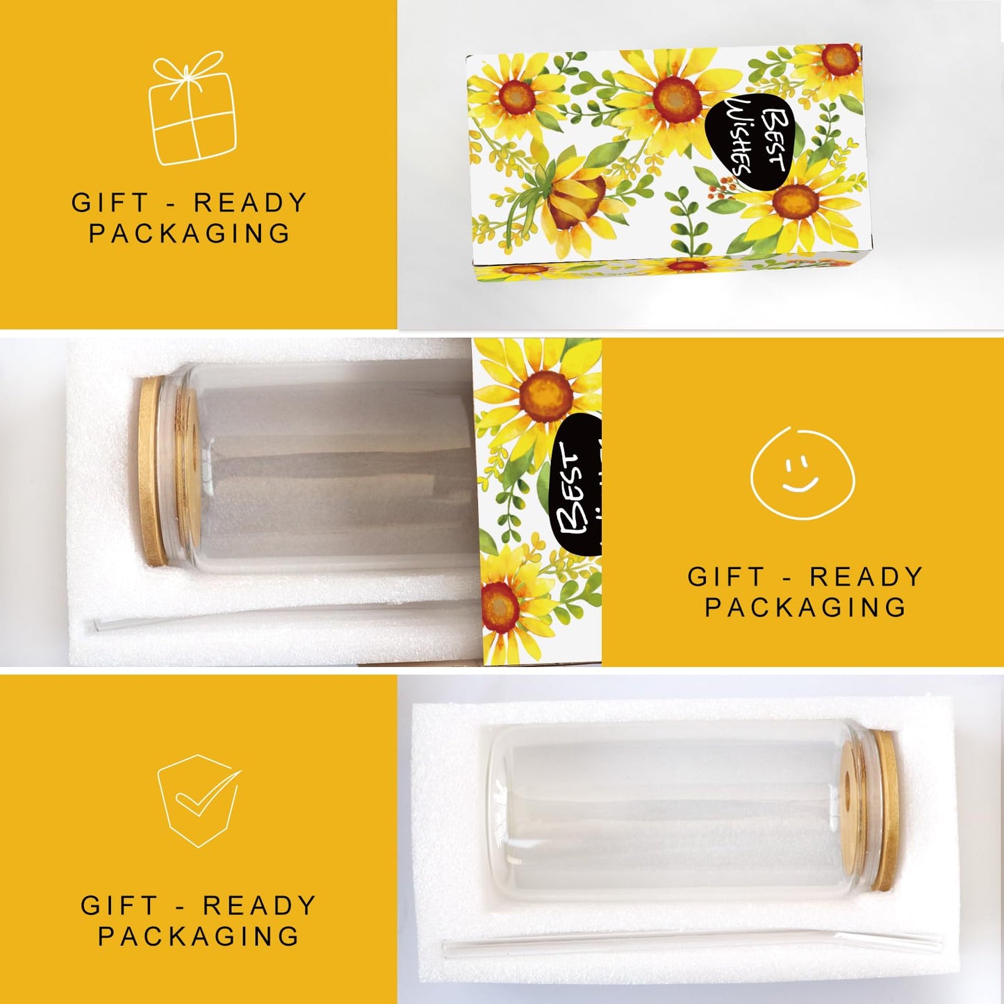 Frerdui Birthday Gifts for Women, Initial Glass Cups w Lids and Straws, Sunflower Gifts for Women, Personalized Gift, 16oz Glass Tumbler Cups W/Straw Lid, Monogrammed Mothers Day Gift for Her Mom - A