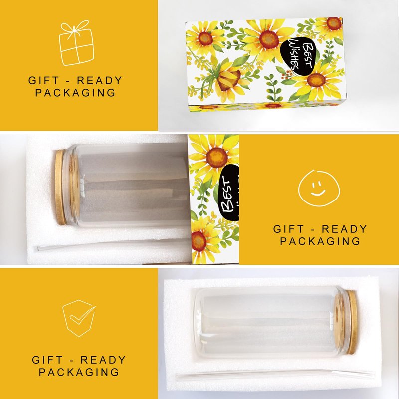 Frerdui Birthday Gifts for Women, Initial Glass Cups w Lids and Straws, Sunflower Gifts for Women, Personalized Gift, 16oz Glass Tumbler Cups W/Straw Lid, Monogrammed Mothers Day Gift for Her Mom - A