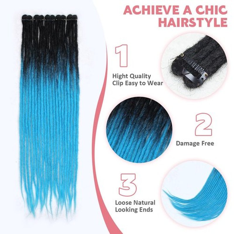 24 Inch Clip in Dreadlock Hair Extensions 10Clips 40 Strands Synthetic Handmade Soft Clip In Dreads Extensions for Women,1B/Blue