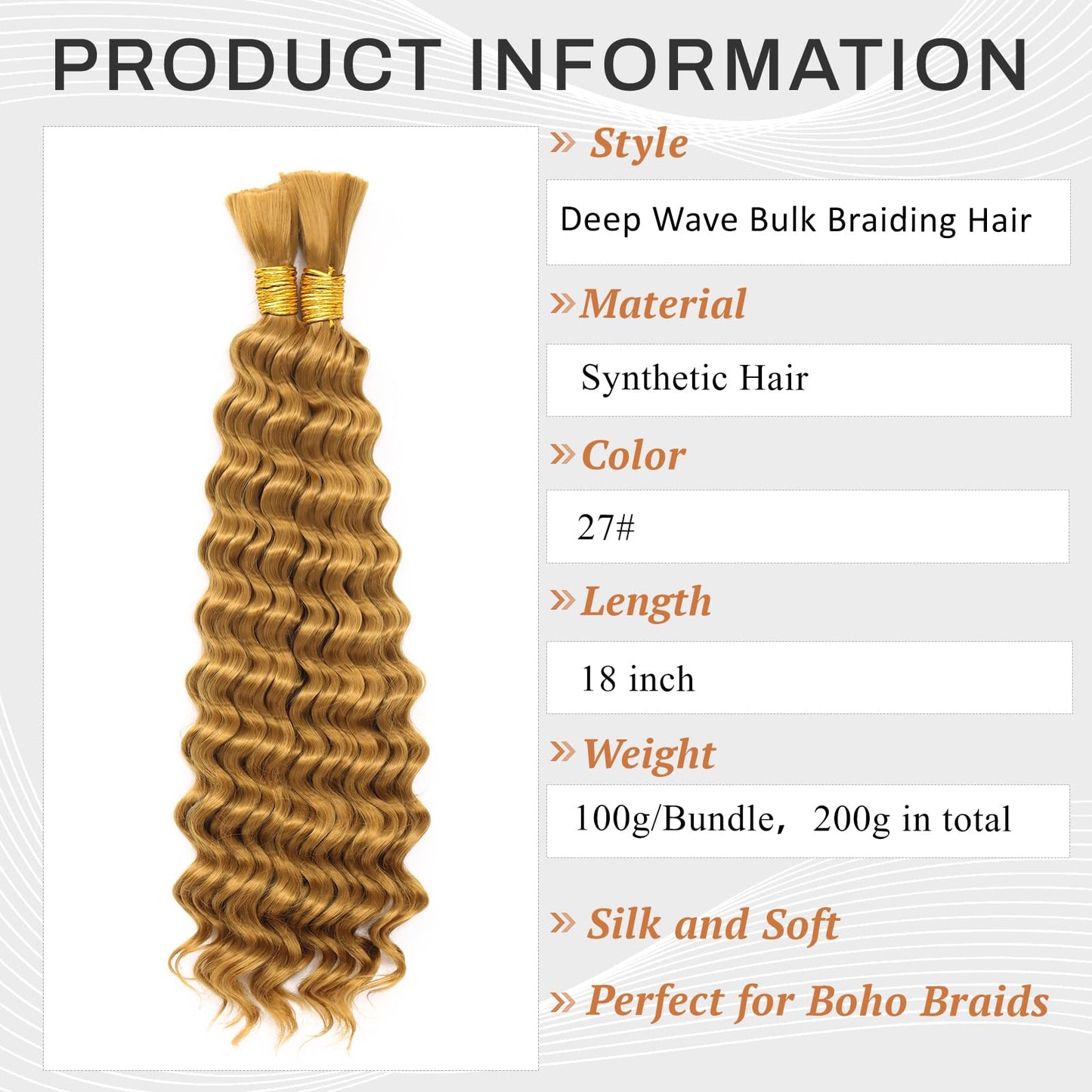 Dorsanee Deep Wave Bulk Hair for Braiding 18 Inch 2 Bundles 200g Honey Blonde Curly Braiding Hair for Boho Braids No Weft Wet and Wavy Braiding Hair Extensions (#27,100g/bundle)