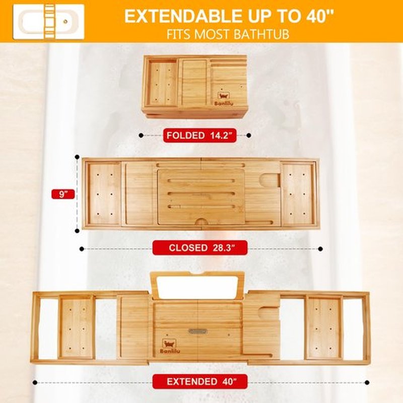 Premium Bathtub Tray Caddy with Makeup Mirror Bamboo - Bath Tray Expandable- Unique House Warming Gifts, New Home, Anniversary & Wedding Gifts for Couple, Bridal Shower Gift for Women
