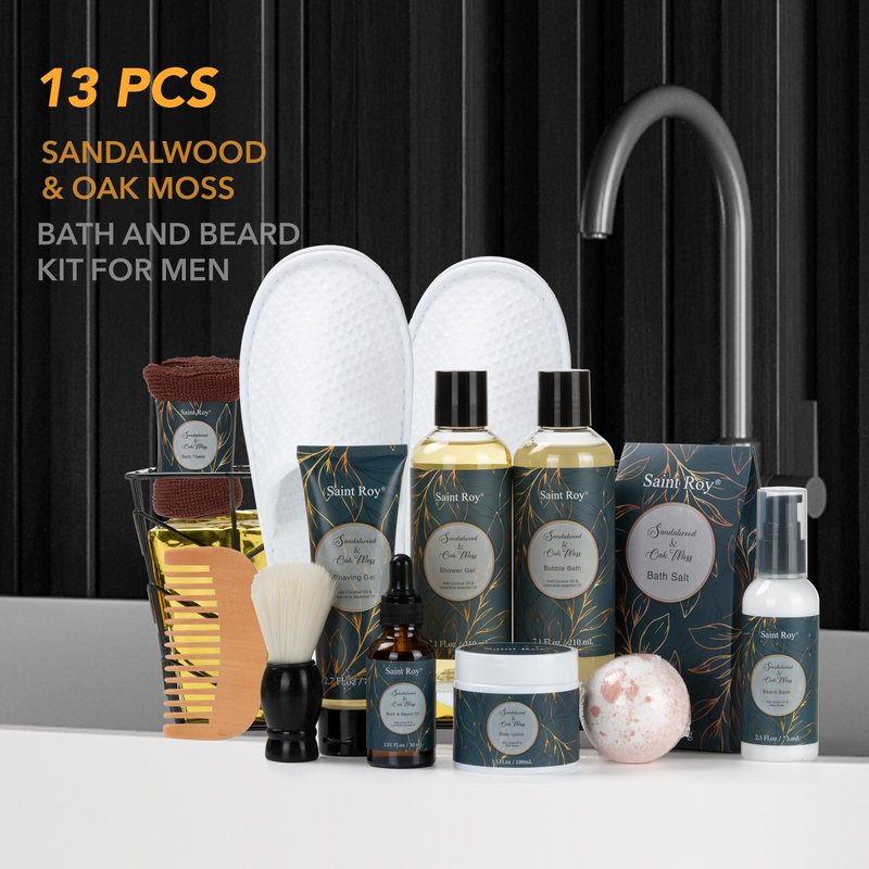 15 Pcs Sandalwood Oak Moss Gift Baskets for Men, Bath & Body Gift Set for Man, Father's Day Gifts, Beard Grooming, Home Spa & Self Care Gift Basket, Christmas, Birthday, Dad, Husband, Boyfriend