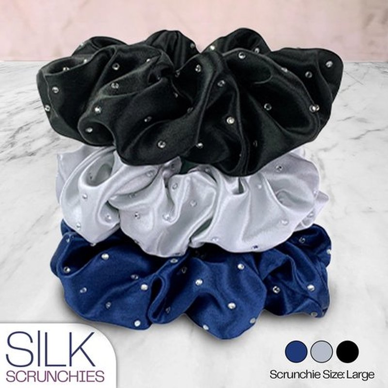 Celestial Silk Mulberry Silk Scrunchies for Hair (Black, Silver, Navy with Rhinestones)