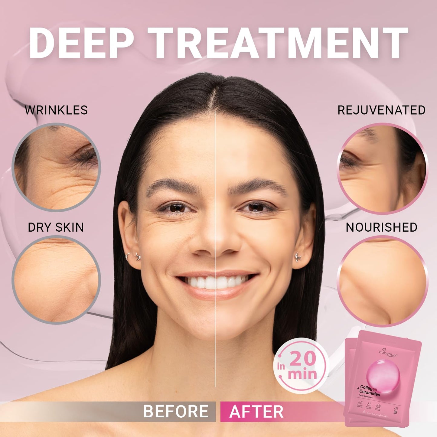 VIABEAUTY 8 Pack of Collagen Face Mask with Ceramides - Rejuvenating Facial Sheet Mask, Reduce Wrinkles & Fine Lines - Face Masks Skincare Moisturizing Collagen Mask for All Skin Types