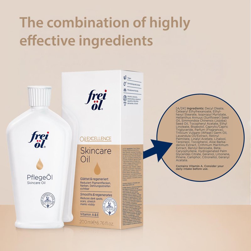 frei öl skincare oil – fast absorbing, softens and smooths – against scars, stretch marks and pigment spots with vitamin A & vitamin E oil, microbiome-friendly and vegan, 200 ml / 6.76 Fl Oz