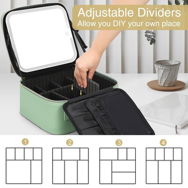 Relavel Makeup Bag With LED Mirror, Travel Makeup Organizer Train Case with 3 Color Lighting Brightness, Rechargeable Cosmetic Vanity Case for Women with Makeup Brush Compartments, Green