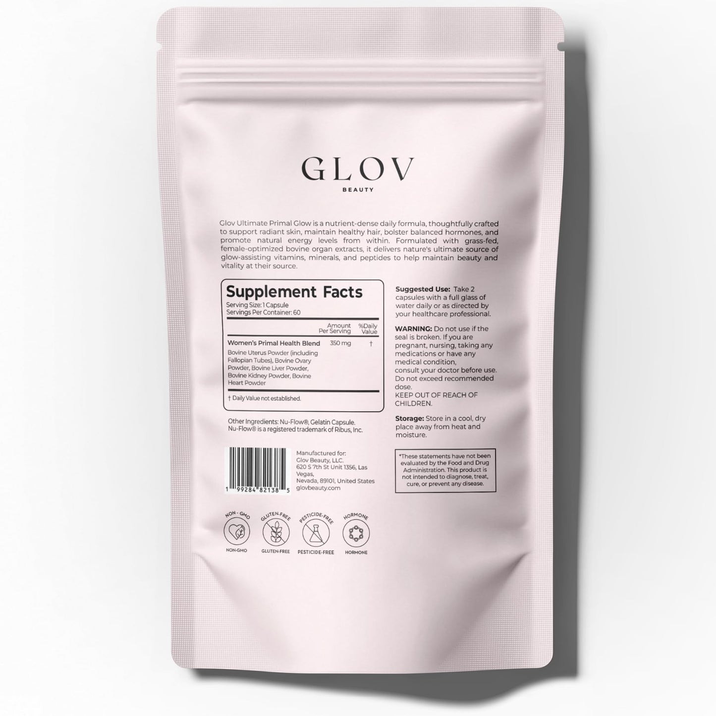 Glov Beauty Ultimate Primal Glow - Grass Fed Beef Organ Supplement for Women, Pasture Raised Liver, Heart, Kidney & Reproductive Beef Organs for Beauty, Energy & Vitality Support, 1Month Supply 60Caps