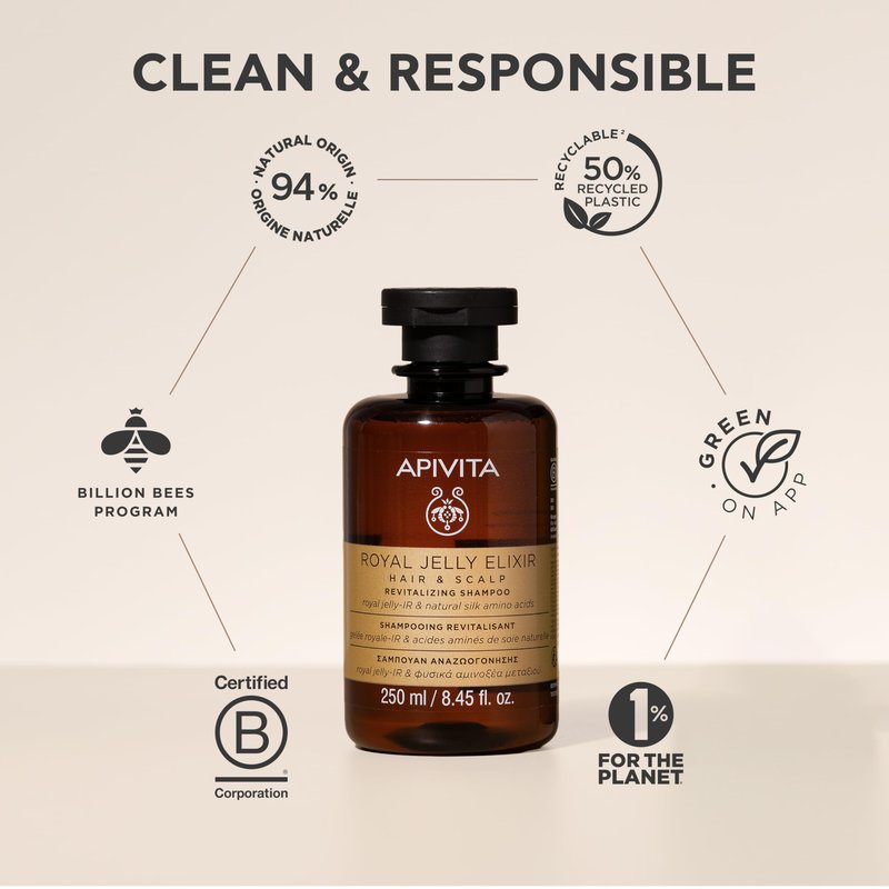 Apivita Royal Jelly Elixir Revitalizing Shampoo, enriched with patented Royal Jelly-IR and natural silk amino acids, It strengthens and revitalizes hair & scalp